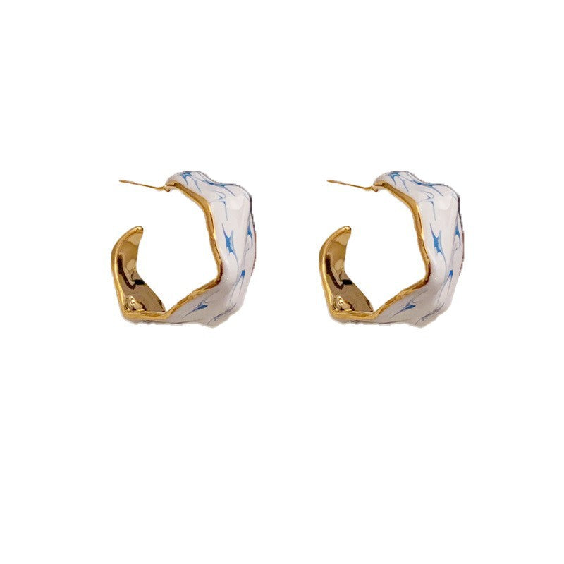 Eaioncol Blue Porcelain Irregular Enamel Hoop Earrings Gold
