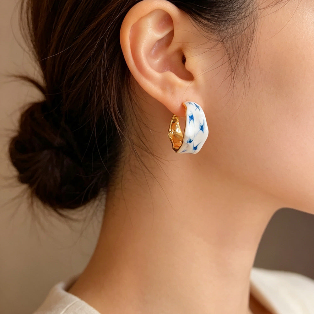 Eaioncol Blue Porcelain Irregular Enamel Hoop Earrings Gold 1
