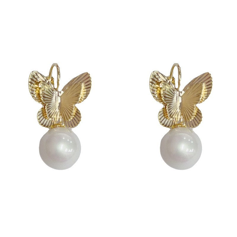 Eaioncol Butterfly Pearl Drop Earrings Gold