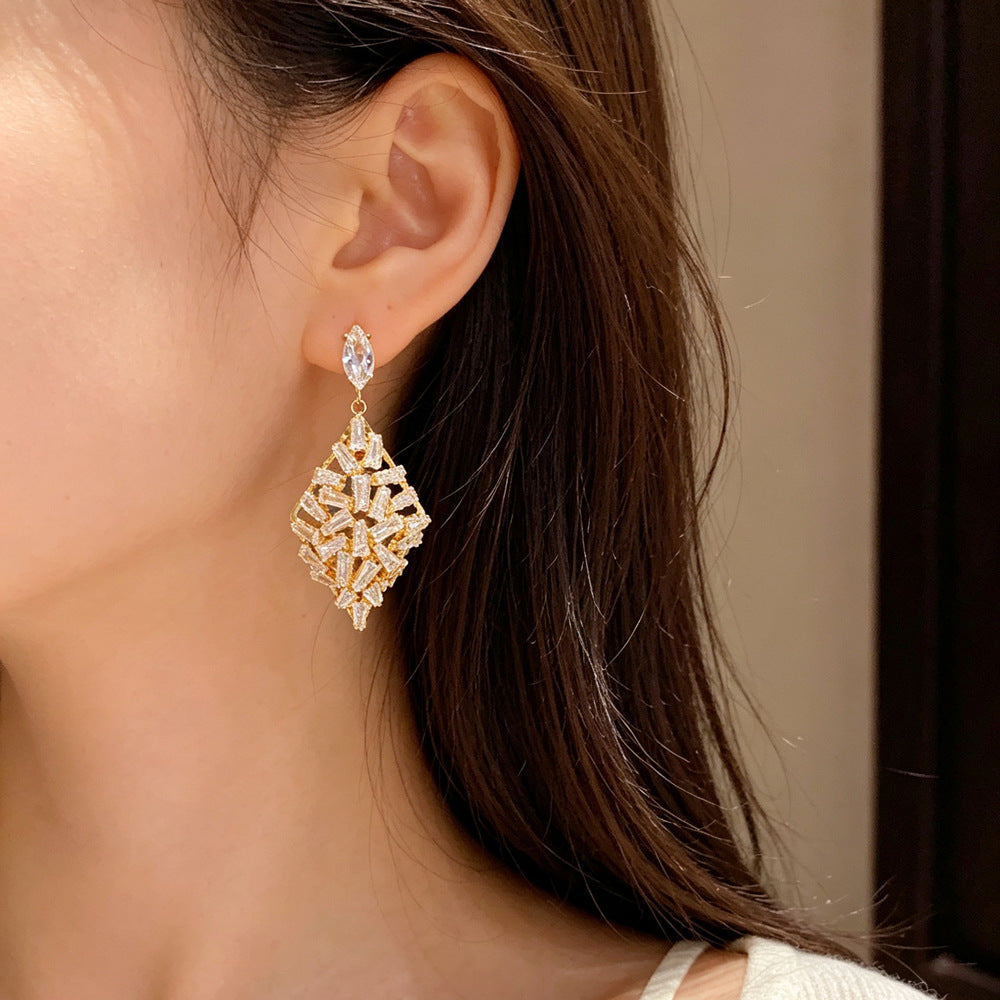 Eaioncol Full CZ Rhombus Drop Earrings Gold Silver 1