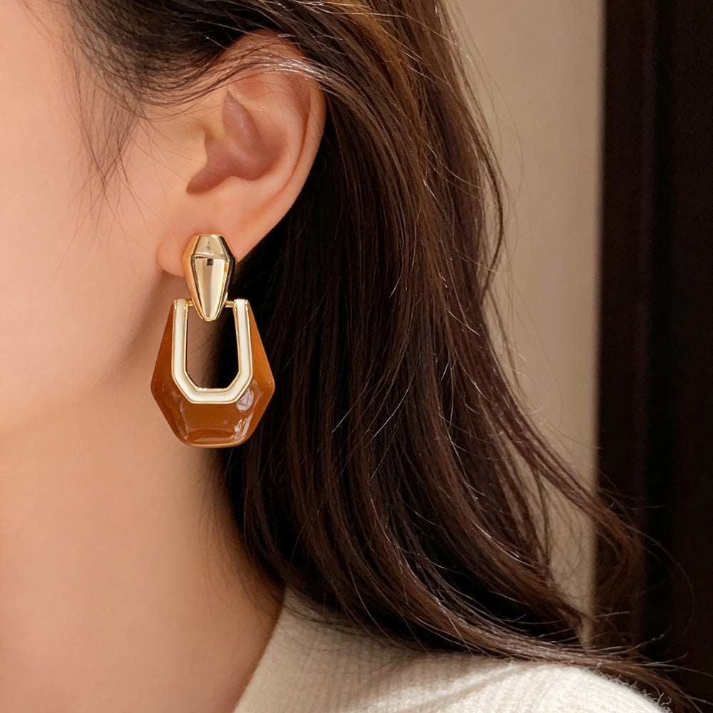 Eaioncol Geometric Enamel Drop Earrings Red Brown 1