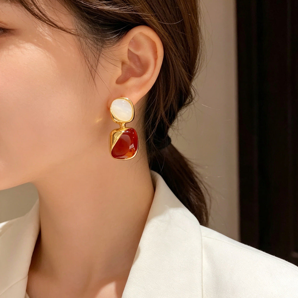 Eaioncol Geometric Enamel Drop Earrings White Red 1