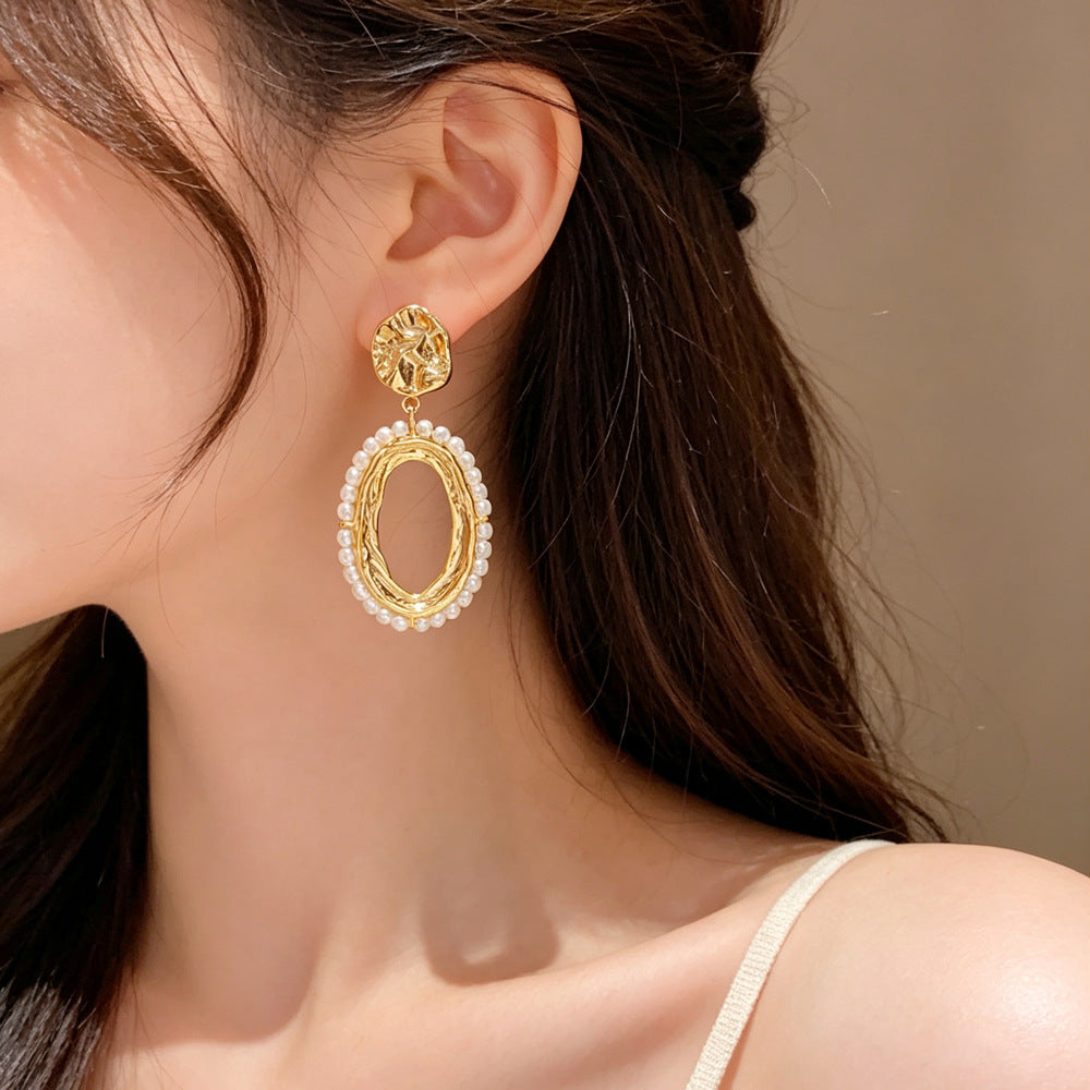 Eaioncol Irregular Oval Pearl Drop Earrings Gold Silver 1