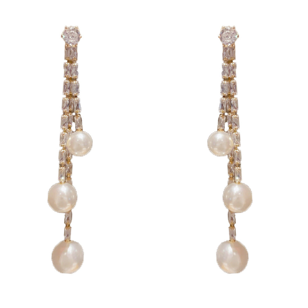 Eaioncol Layered Pearl CZ Tassel Drop Earrings Gold