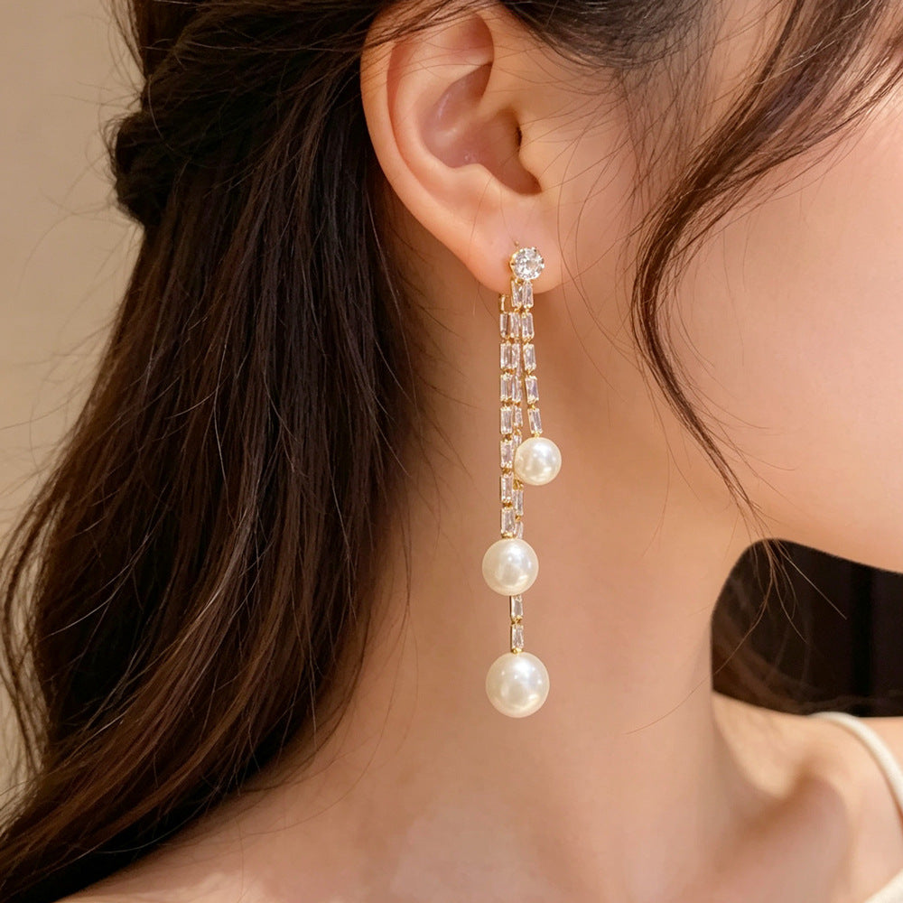 Eaioncol Layered Pearl CZ Tassel Drop Earrings Gold 1