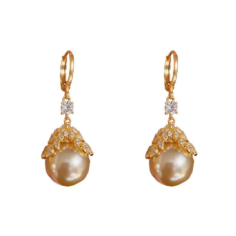 Eaioncol Leaf Pearl CZ Tassel Drop Earrings Gold