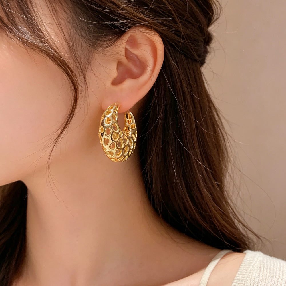 Eaioncol Openwork 3D Hoop Earrings Gold 1