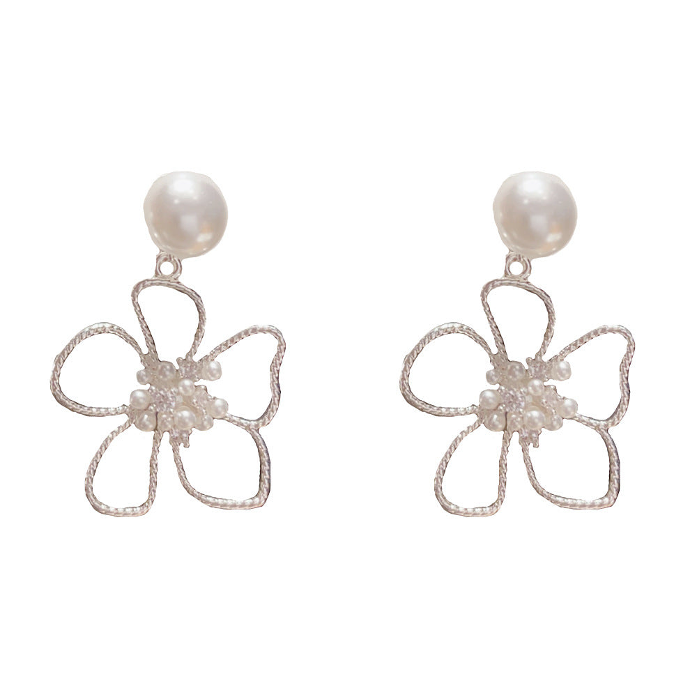 Eaioncol Openwork Petal Pearl Drop Earrings Silver 925 Post