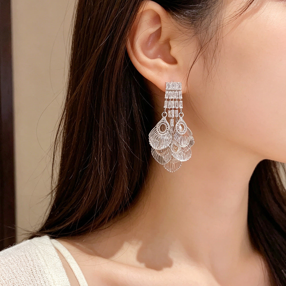 Eaioncol Peacock Tail CZ Tassel Drop Earrings Gold Silver 2