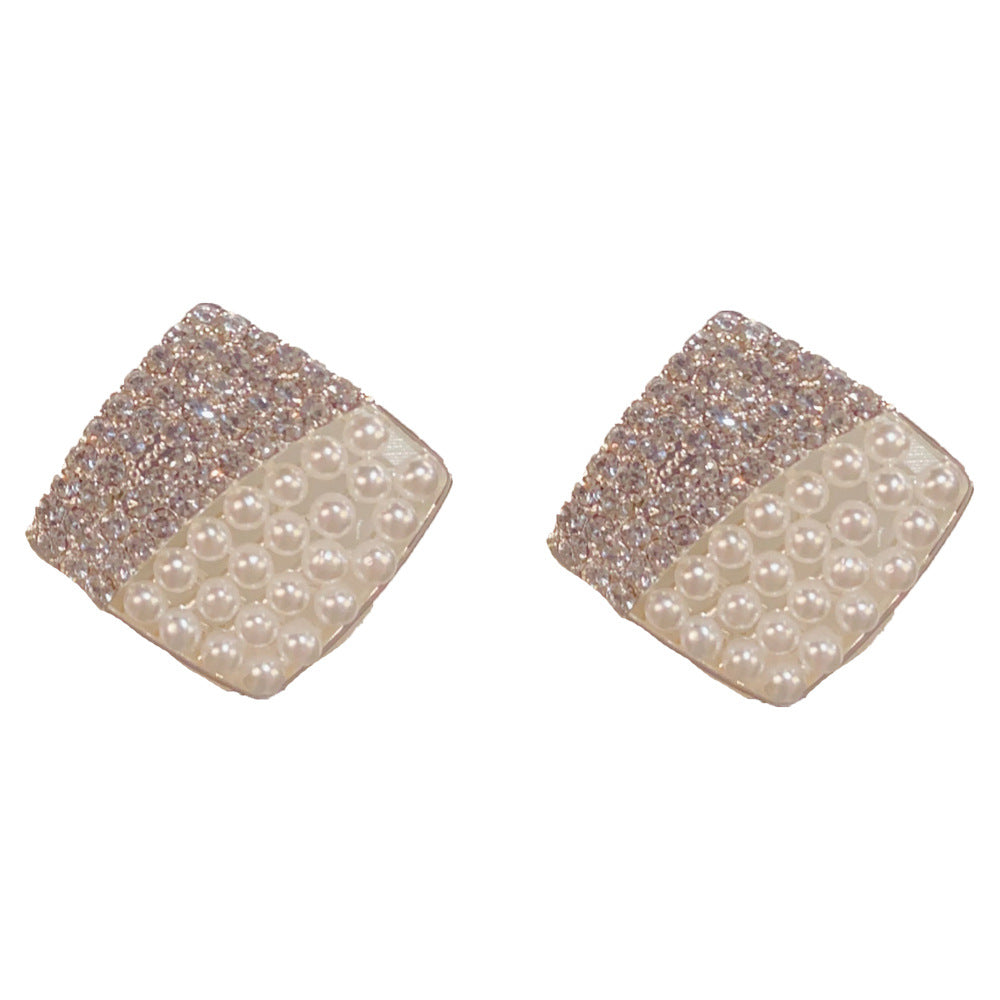 Eaioncol Rhombus Circle CZ Pearl Stud Earrings Silver