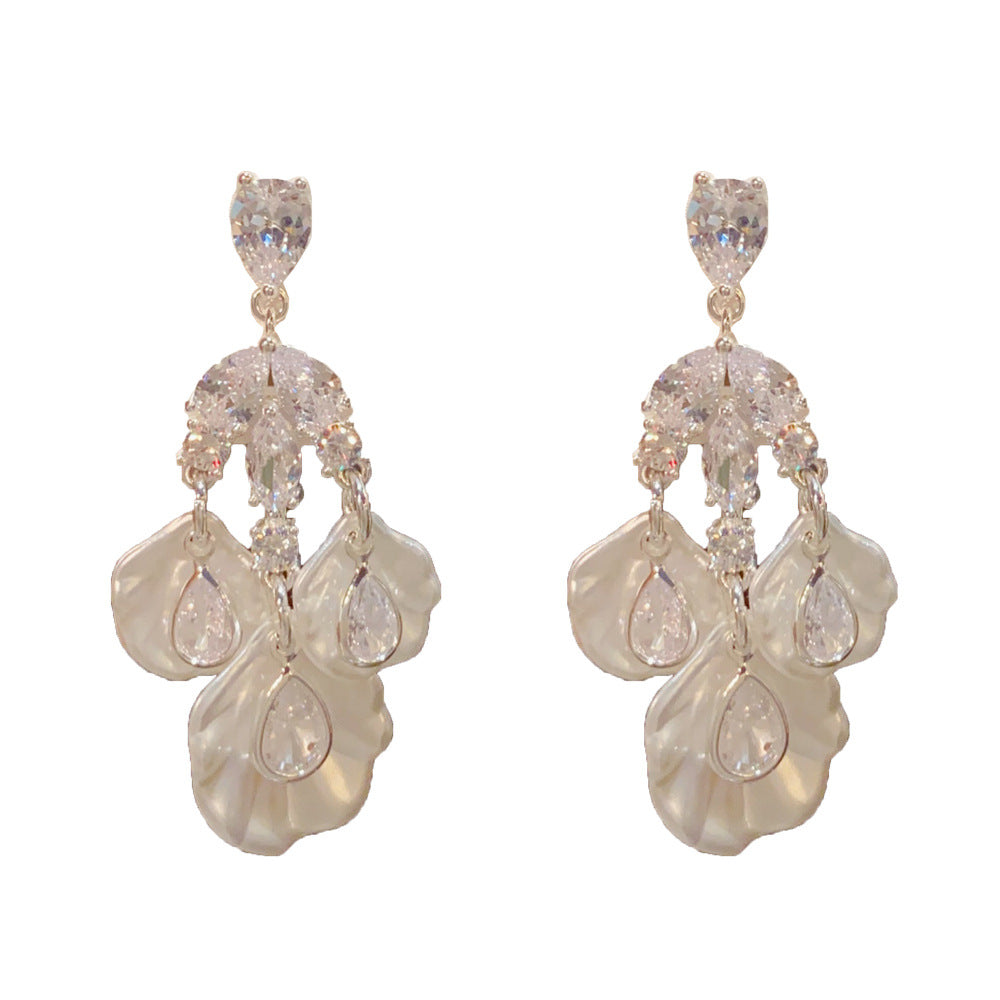 Eaioncol Silver CZ Petal Tassel Drop Earrings