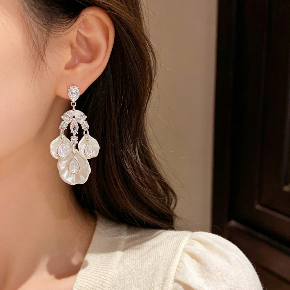 Eaioncol Silver CZ Petal Tassel Drop Earrings 1