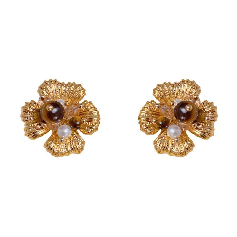 Eaioncol Tiger Eye Glass Floral Hoop Earrings Gold Silver