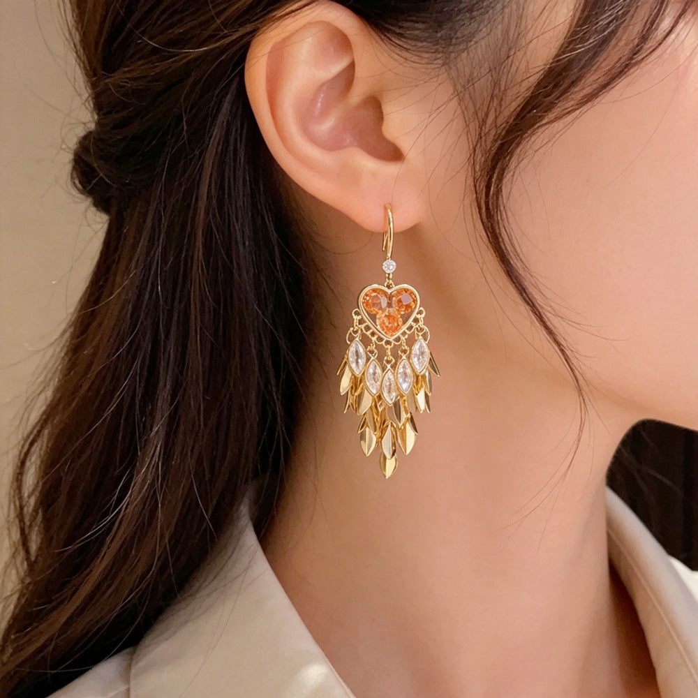 Eaioncol Heart Leaf CZ Tassel Ear Hooks 14K Gold Plated