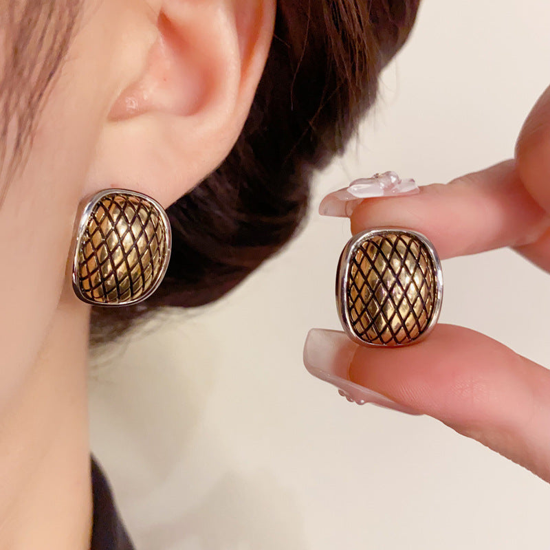 14K Gold-Plated Metal Geometric Grid Stud Earrings - Minimalist Design