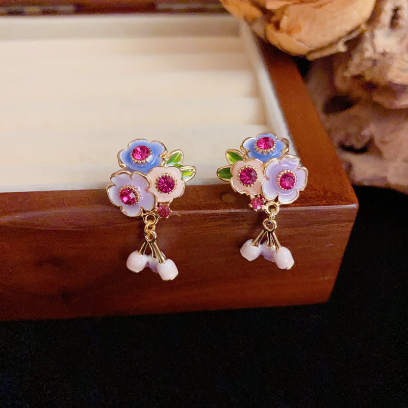 Luxury Colorful Enamel Flower Tassel Drop gold Earrings– Silver Needle