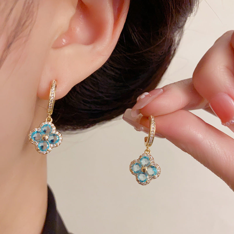 Luxury Blue Crystal Four-Leaf Clover Drop Earrings – Floral Design