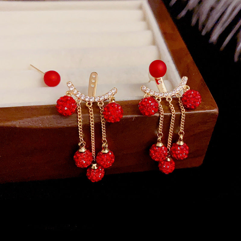 14K Gold-Plated Red Diamond Tassel Earrings - Front and Back Wear