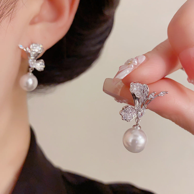 Eaioncol Butterfly Pearl CZ Drop Earrings Gold