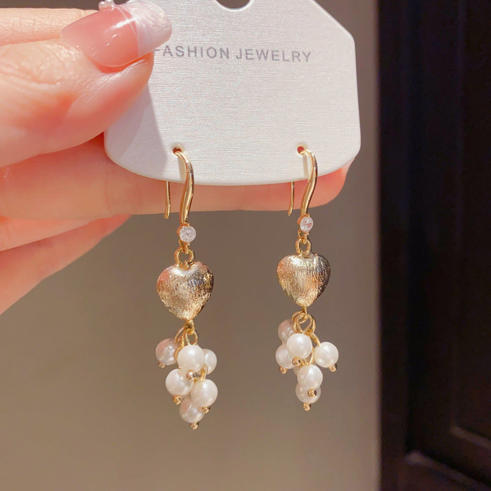 Eaioncol Heart Pearl Tassel Ear Hooks Earrings Gold Silver