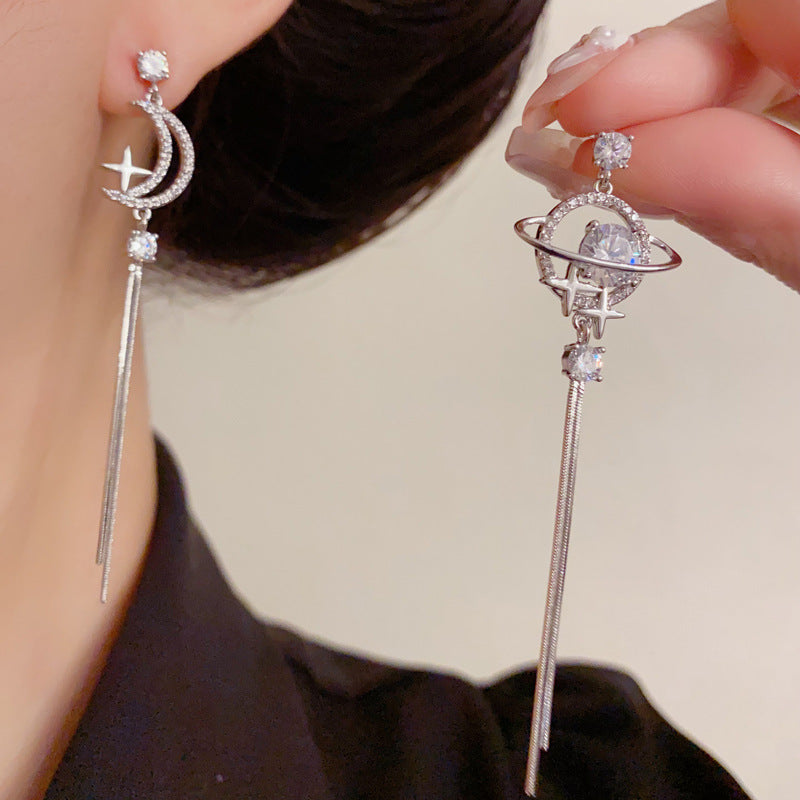Luxury Zircon Planet & Moon Asymmetric Drop Earrings – Elegant Design