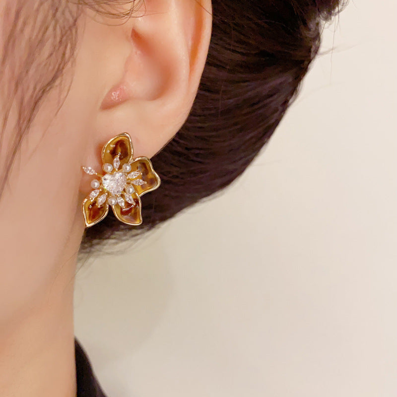 14K Gold-Plated Colorful Oil Zircon Flower Earrings-Vintage Design