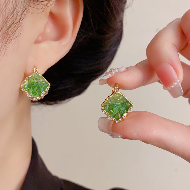 Eaioncol Square Crystal Drop Earrings Green