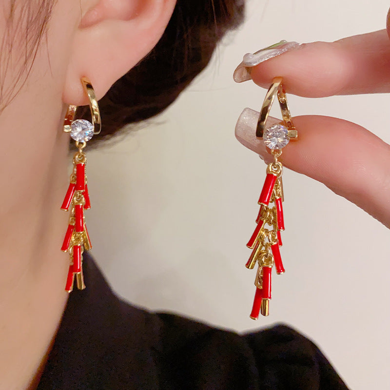 14K Gold-Plated Red Firecracker Earrings - Festive New Year Design