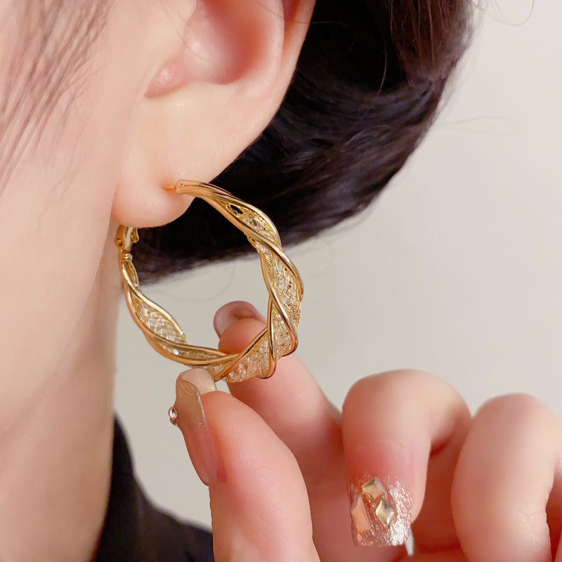 Elegant Twisted Mesh Metal Hoop Earrings – Bold Retro Design