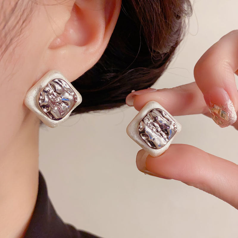 Elegant Metal Square Cotton Ball Stud Earrings – Geometric Design