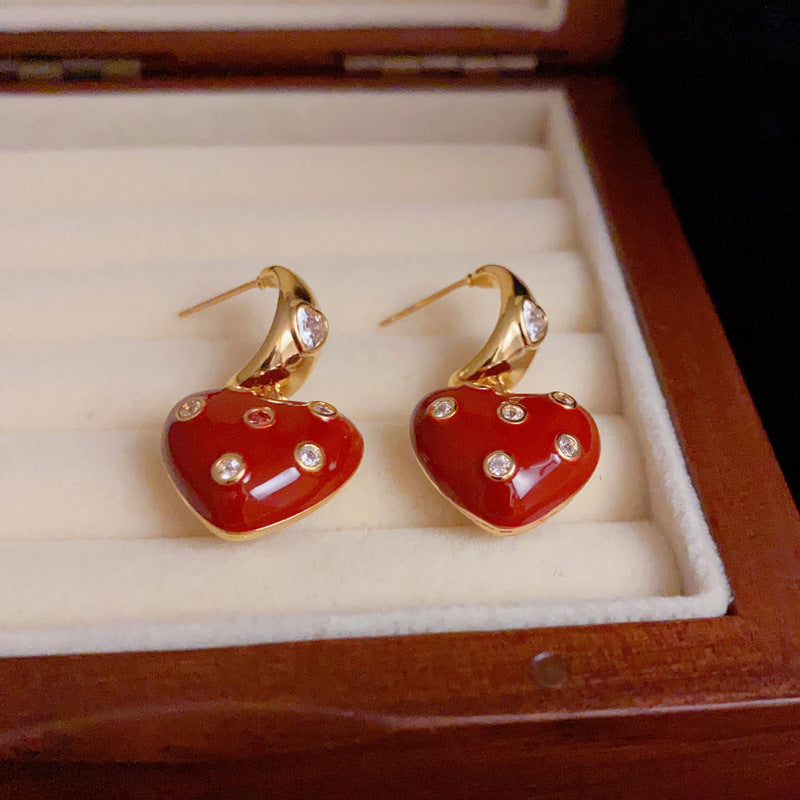 14K Gold-Plated Red Heart Polka Dot Drop Earrings - Chic & Minimalist