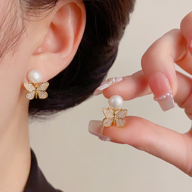 Eaioncol Butterfly Pearl CZ Stud Earrings Gold