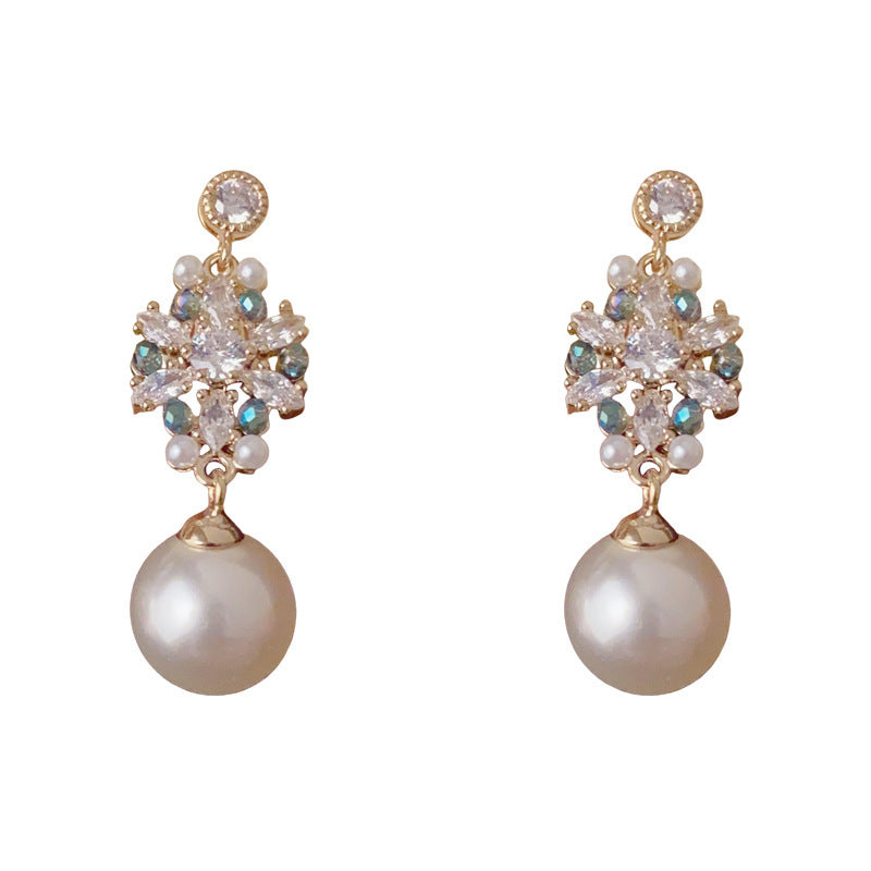 Luxury Zircon Snowflake Pearl Drop Earrings – Elegant French Design