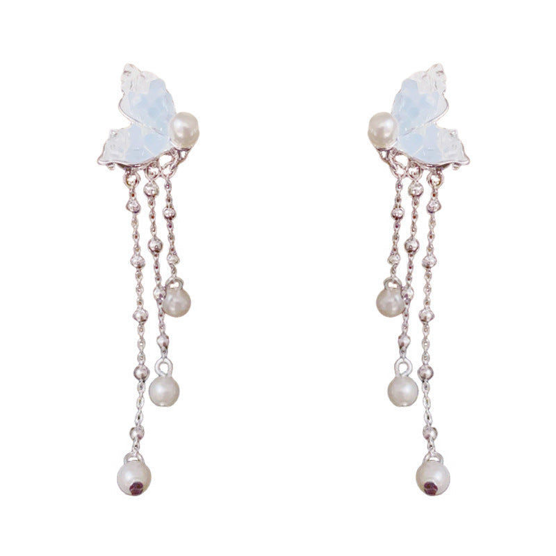 Blue Crystal Butterfly & Pearl Tassel Drop Earrings – Elegant Design