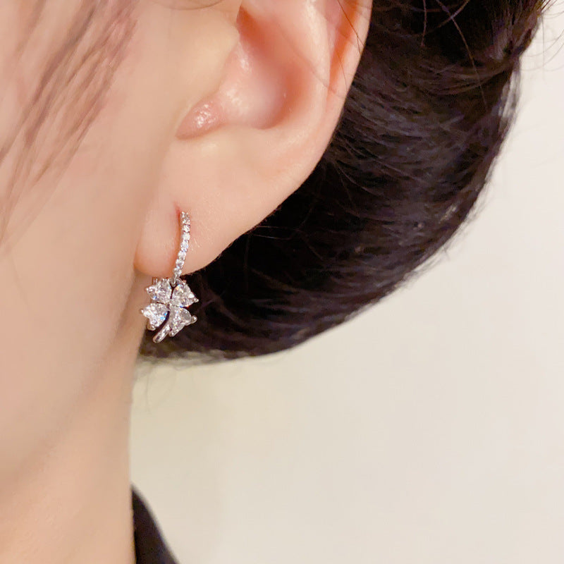 Luxury Zircon Four-Leaf Flower Hook Earrings – Elegant Flower Design