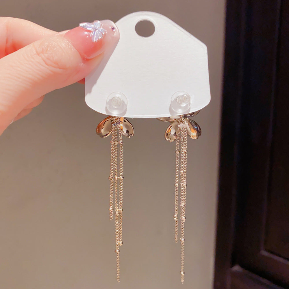 Eaioncol Bronze Petal Tassel Drop Earrings Gold