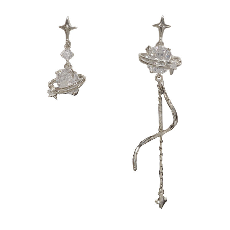 Elegant Zircon Star Planet Tassel Drop Earrings – Asymmetric Design