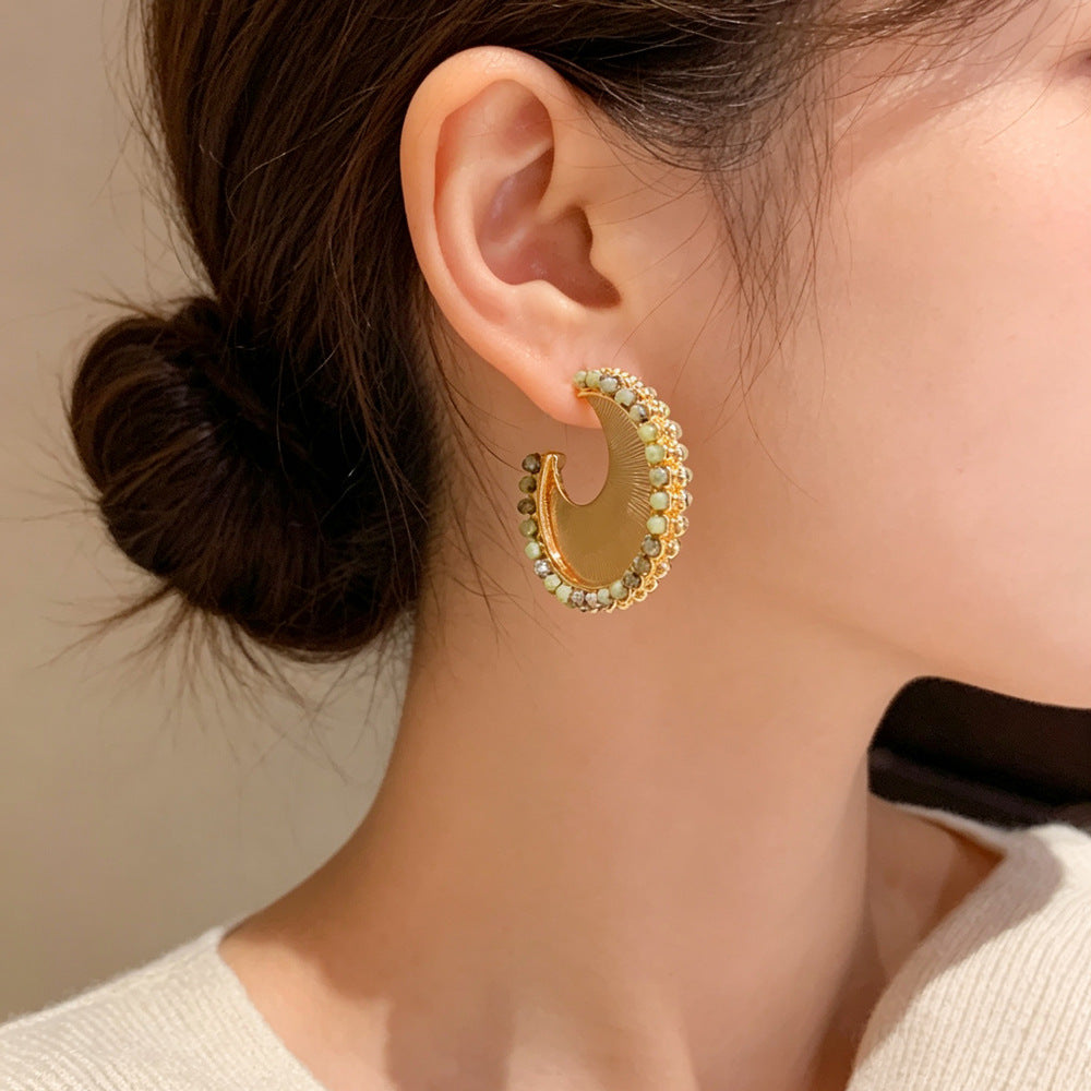 Eaioncol Green Beaded Metal Hoop Earrings 14K Gold Plated