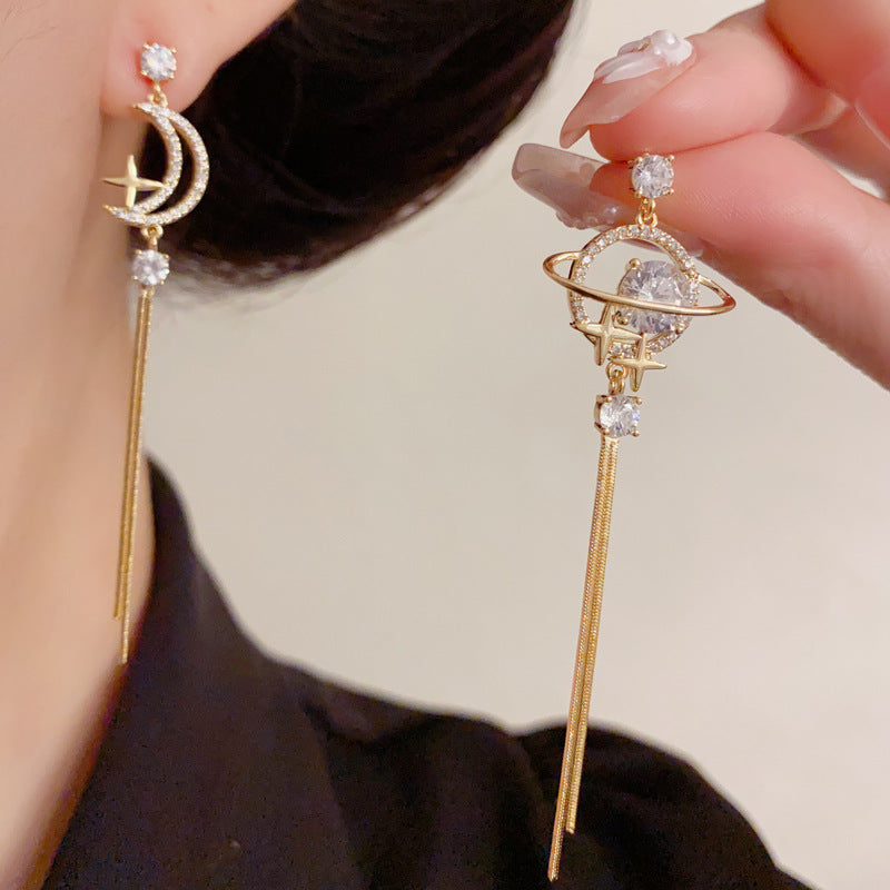 Luxury Zircon Planet & Moon Asymmetric Drop Earrings – Elegant Design