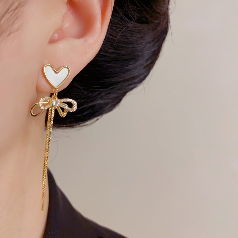 Eaioncol Shell Heart Bow Tassel Drop Earrings Gold Silver