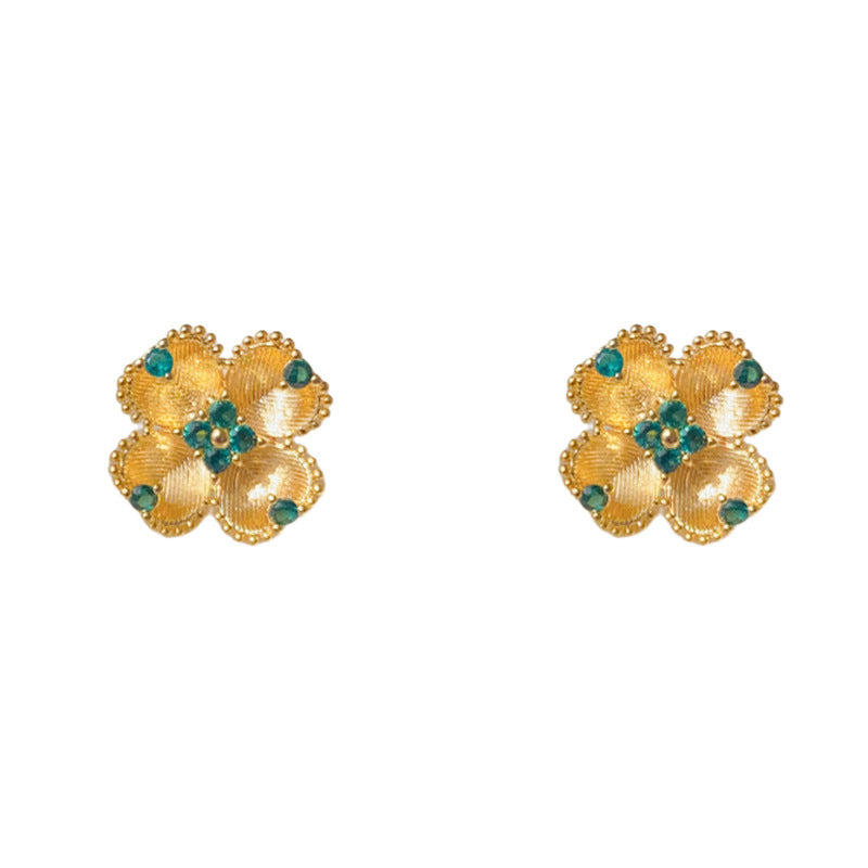 Elegant Green Zircon Four-Leaf Flower Stud Earrings – Floral Design