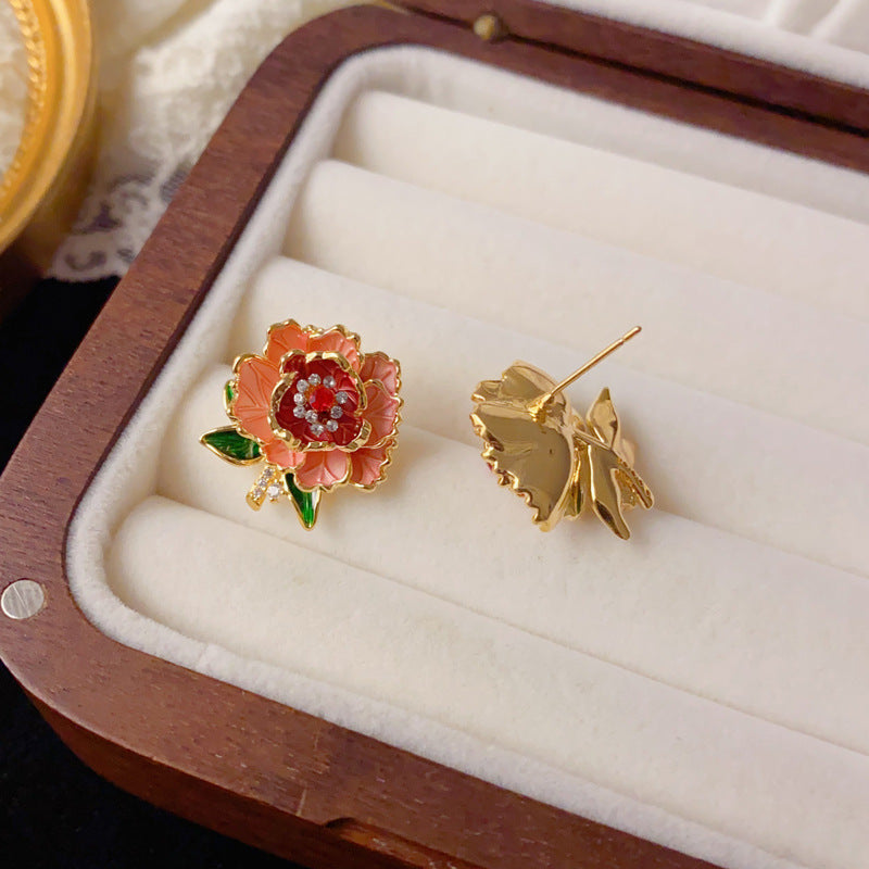 Elegant Zircon Color-Block Petal Stud Earrings – Retro Floral Design