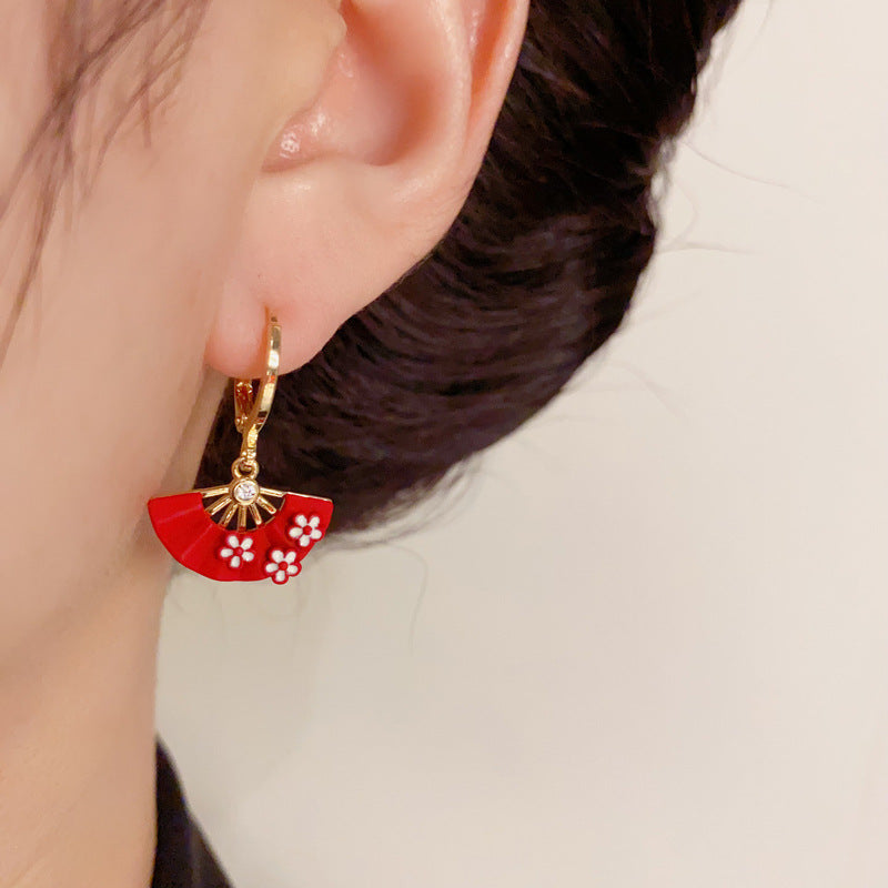 14K Gold-Plated Red Fan Spray Earrings - Chic Japanese Design