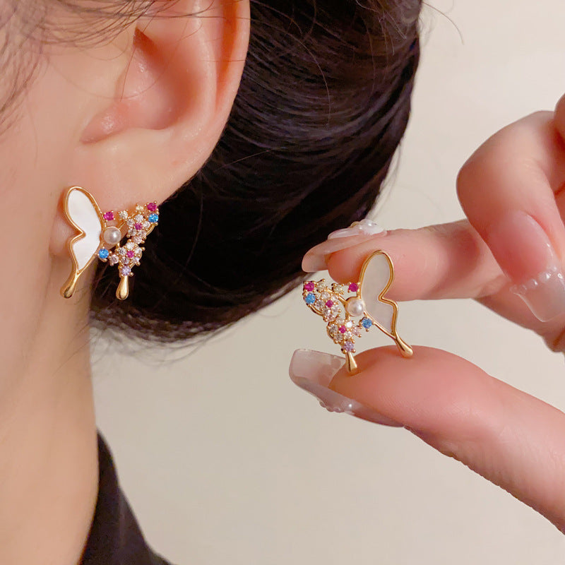 Luxury Shell Pave Rhinestone Butterfly Stud Earrings – Elegant Design