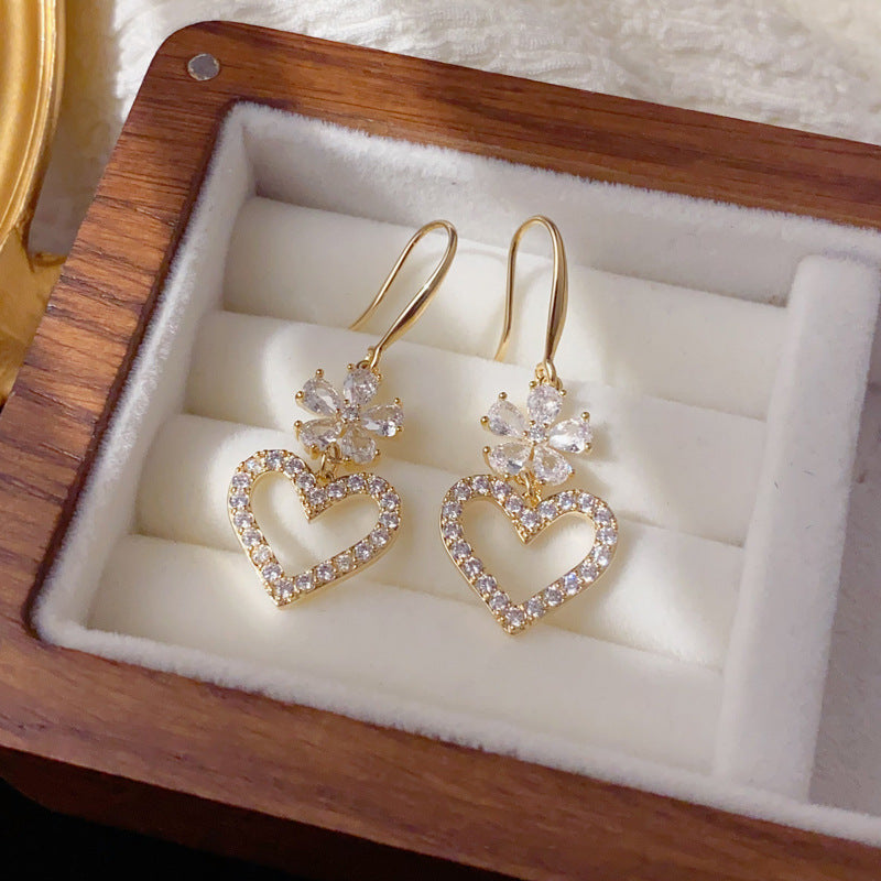 Luxury Zircon Petal Heart Tassel Hook Earrings – Elegant Design