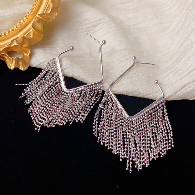 Luxury Metal V-Shaped Bead Chain Tassel Earrings – Geometric Design