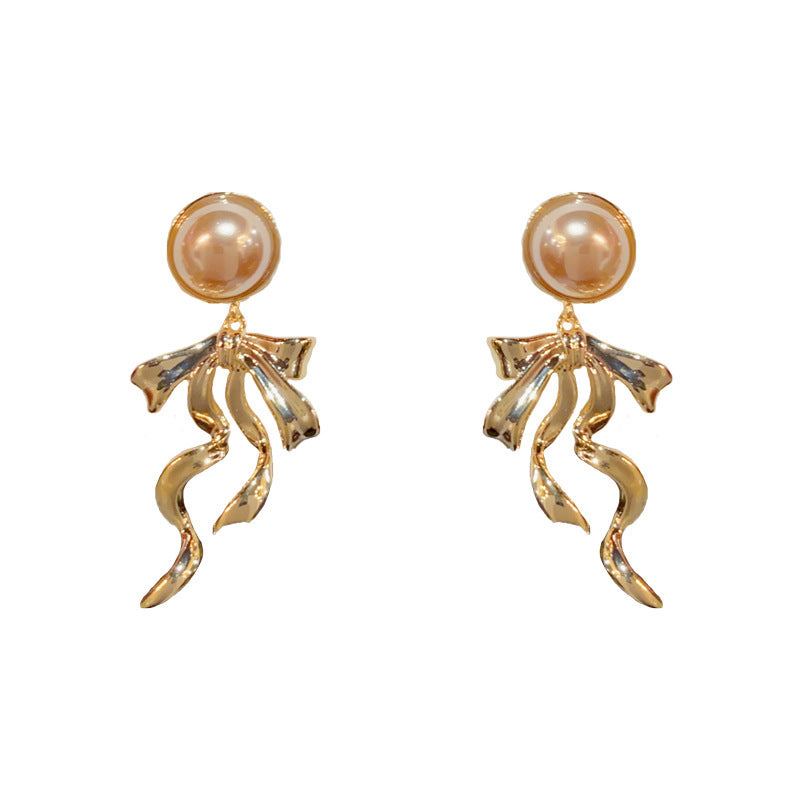 14K Gold-Plated Pearl Metal Bow Tassel Earrings - Luxury Minimalist