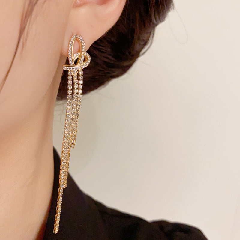 14K Gold-Plated Heart-Shaped Diamond Drop Earrings - Tassel Design