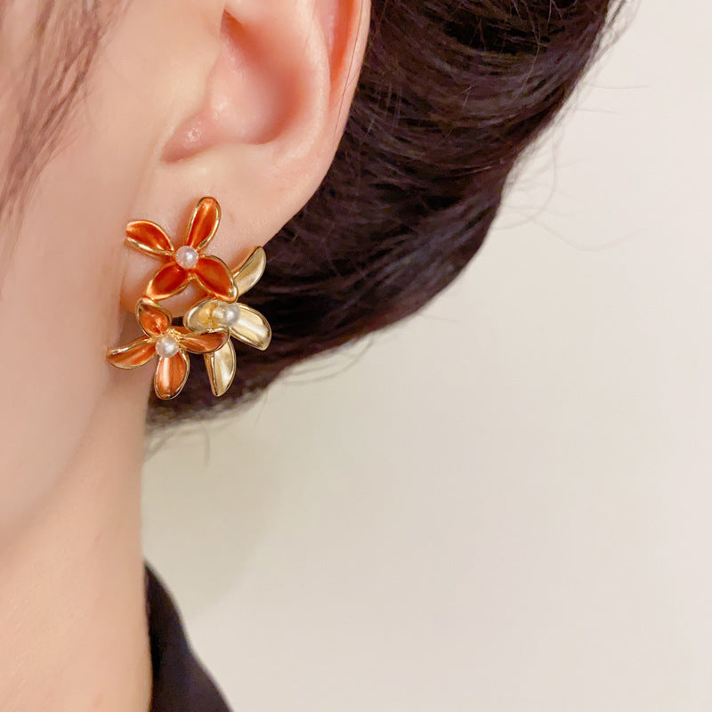 Luxury Colorblock 3D Flower & Pearl Earrings – Elegant Floral Design