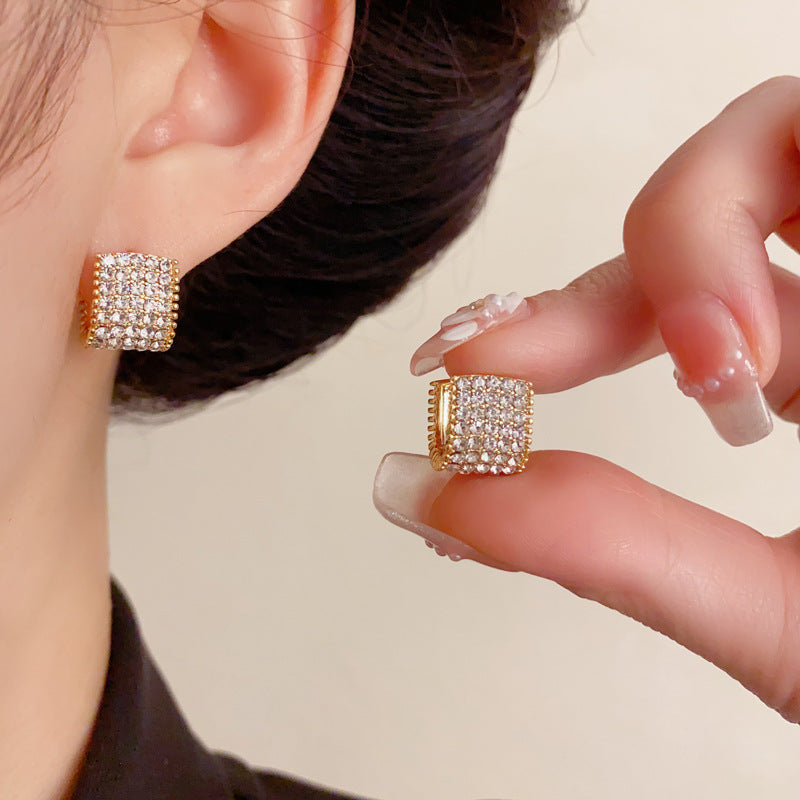 Elegant Full-Zircon Square Hoop Earrings – Minimalist Geometric Design